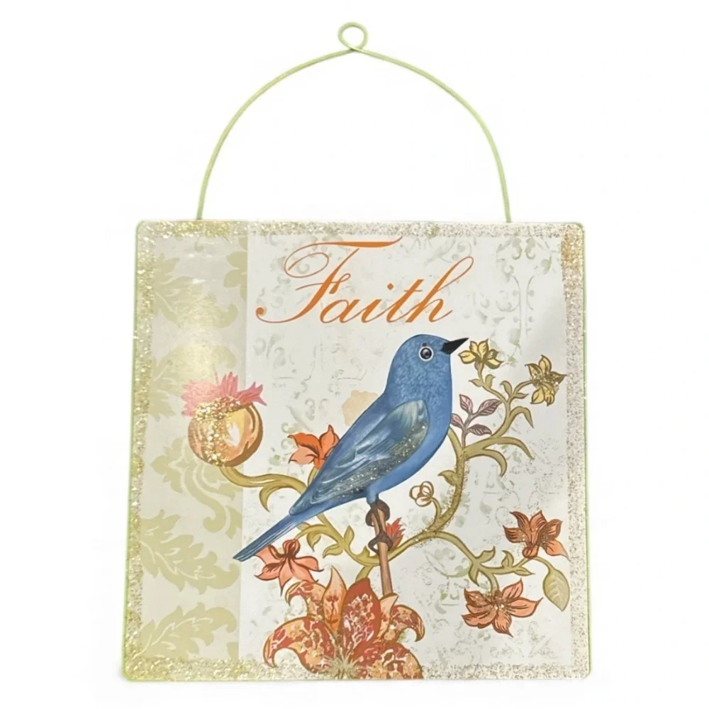 Ashland Decorative Orange Multi Square Tin “Faith” Blue Bird Wall Hanging NWT